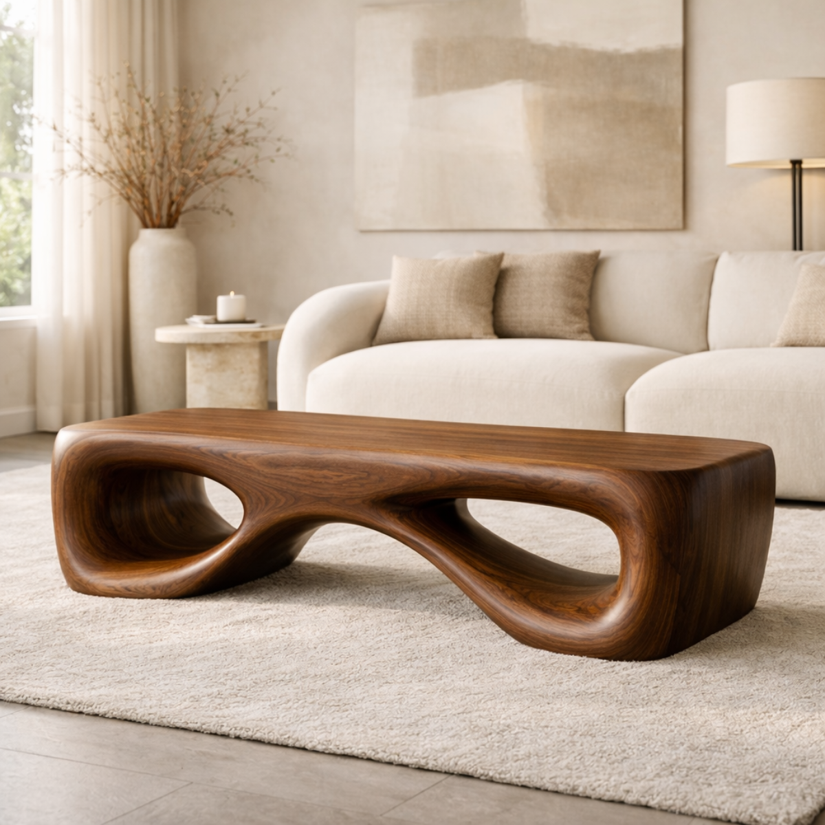 Modern Sculptural Wooden Entryway Bench, Curved Hallway Seating for Luxury Homes