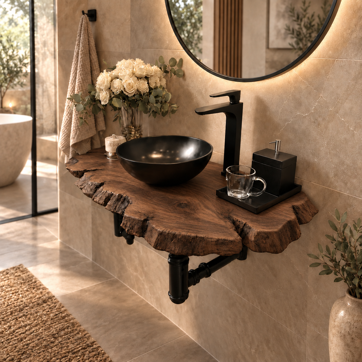 Rivelle Live Edge Solid Wood Corner Bathroom Vanity