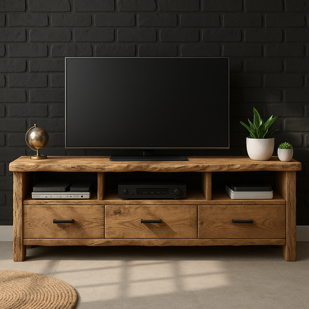 Rustic Solid Wood TV Stand with Live Edge – Handcrafted Media Console with Drawers and Open Shelves for Modern Organic Interiors Kitchnce