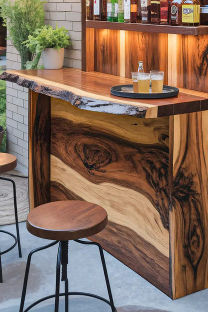 Rustic Live Edge Outdoor Bar Counter With Shelves For Patio Kitchnce