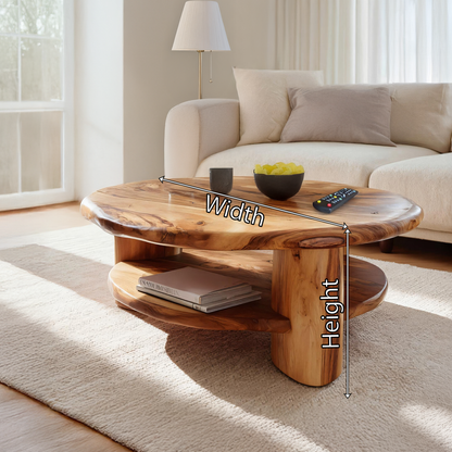 Round Solid Wood Coffee Table with Shelf Handcrafted Natural Wood Living Room Table