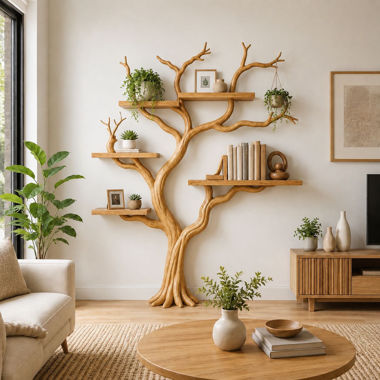 Rustic Solid Wood Tree Bookshelf for Elegant Living Room Storage
