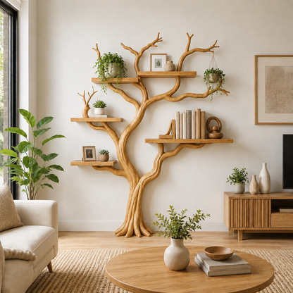 Rustic Solid Wood Tree Bookshelf for Elegant Living Room Storage