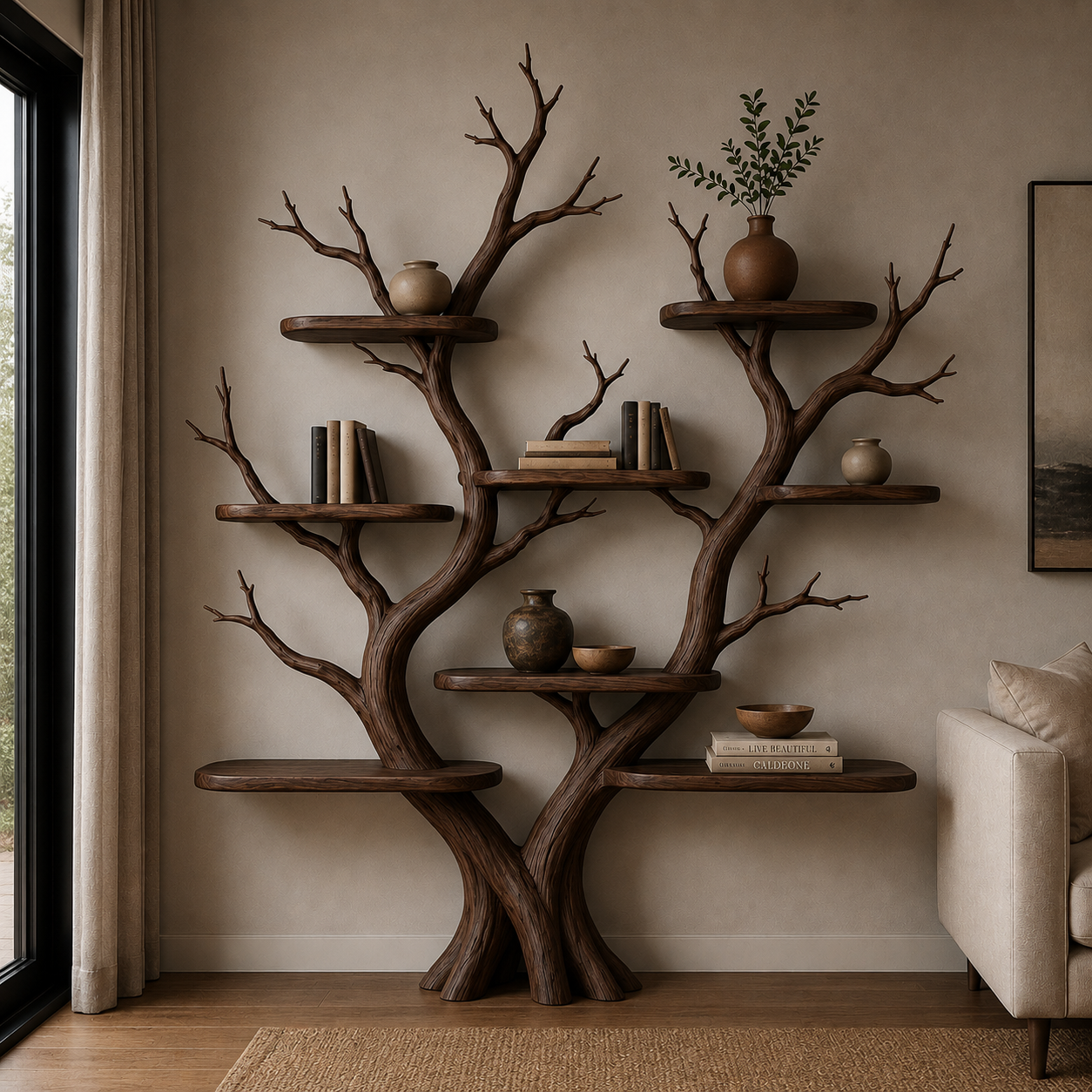 Handcrafted Solid Wood Tree Bookshelf, Organic Freestanding Bookcase & Display Shelf