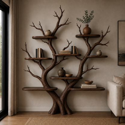 Handcrafted Solid Wood Tree Bookshelf, Organic Freestanding Bookcase & Display Shelf