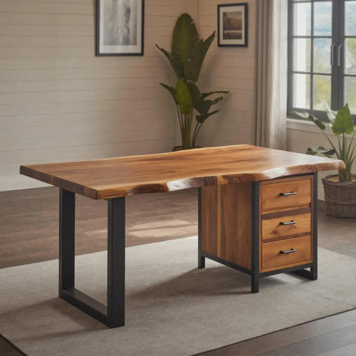 Modern Live Edge Office Desk With Drawer Storage For Workspace Kitchnce