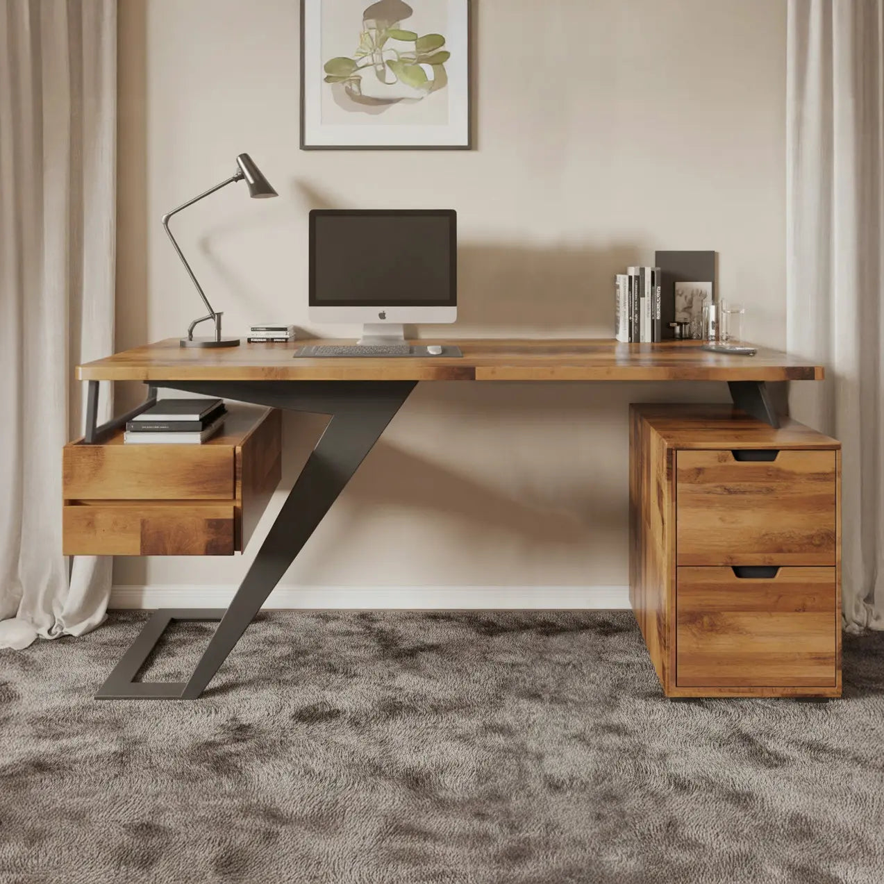 Modern Desk With Z Frame And Drawers For Home Office Kitchnce