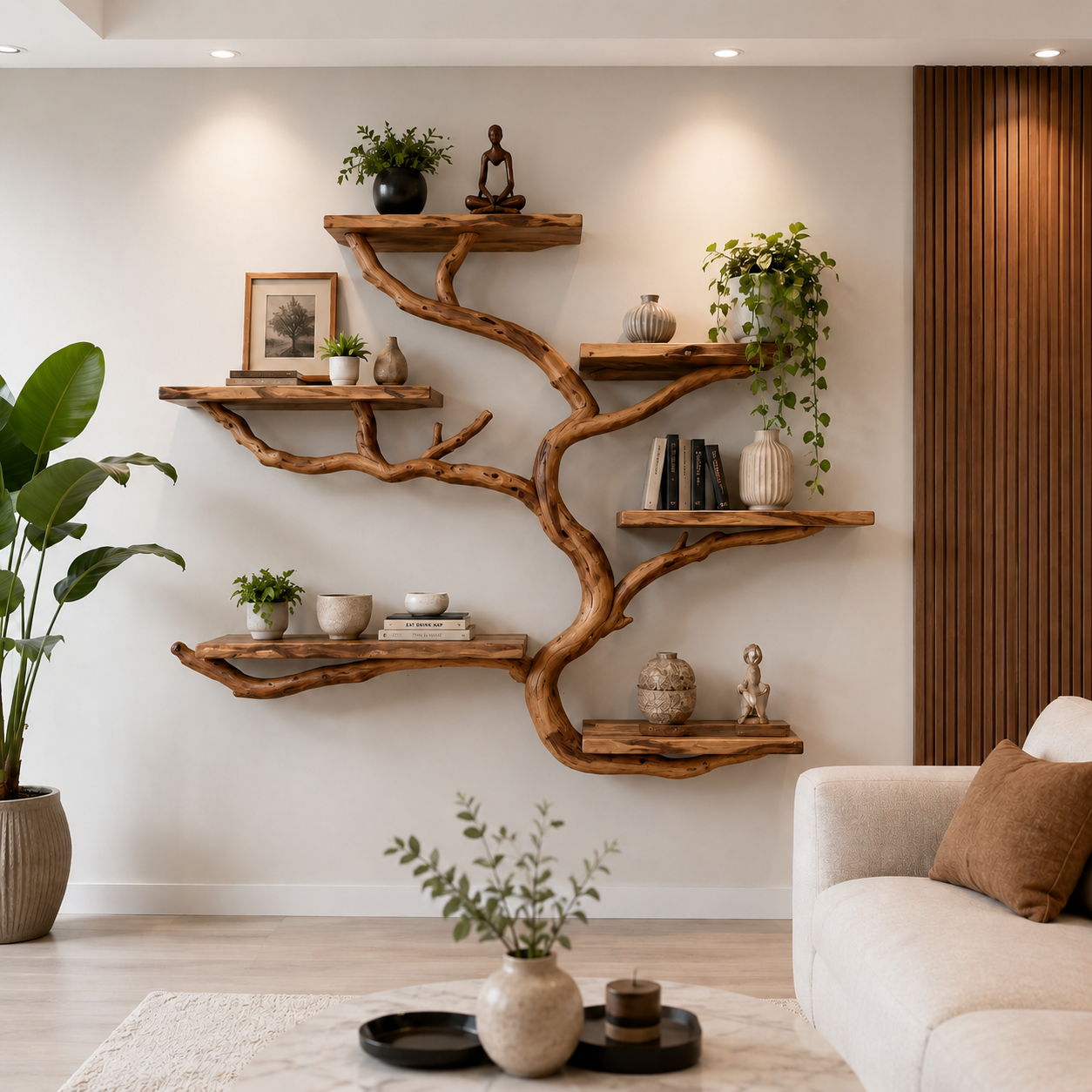 Handcrafted Solid Wood Tree Bookshelf, Organic Wall Mounted Floating Shelf