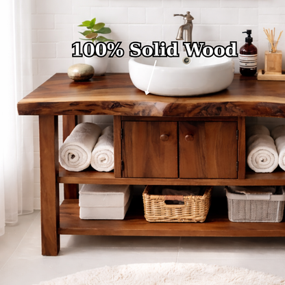 Live Edge Solid Wood Bathroom Vanity with Open Shelves and Storage Cabinet – Rustic Modern Bathroom Vanity Kitchnce