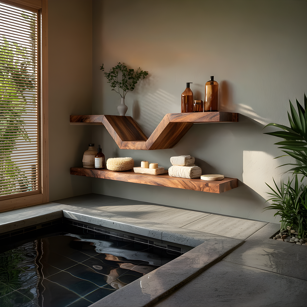 Zigzag Floating Shelf with Geometric Support Wood Design