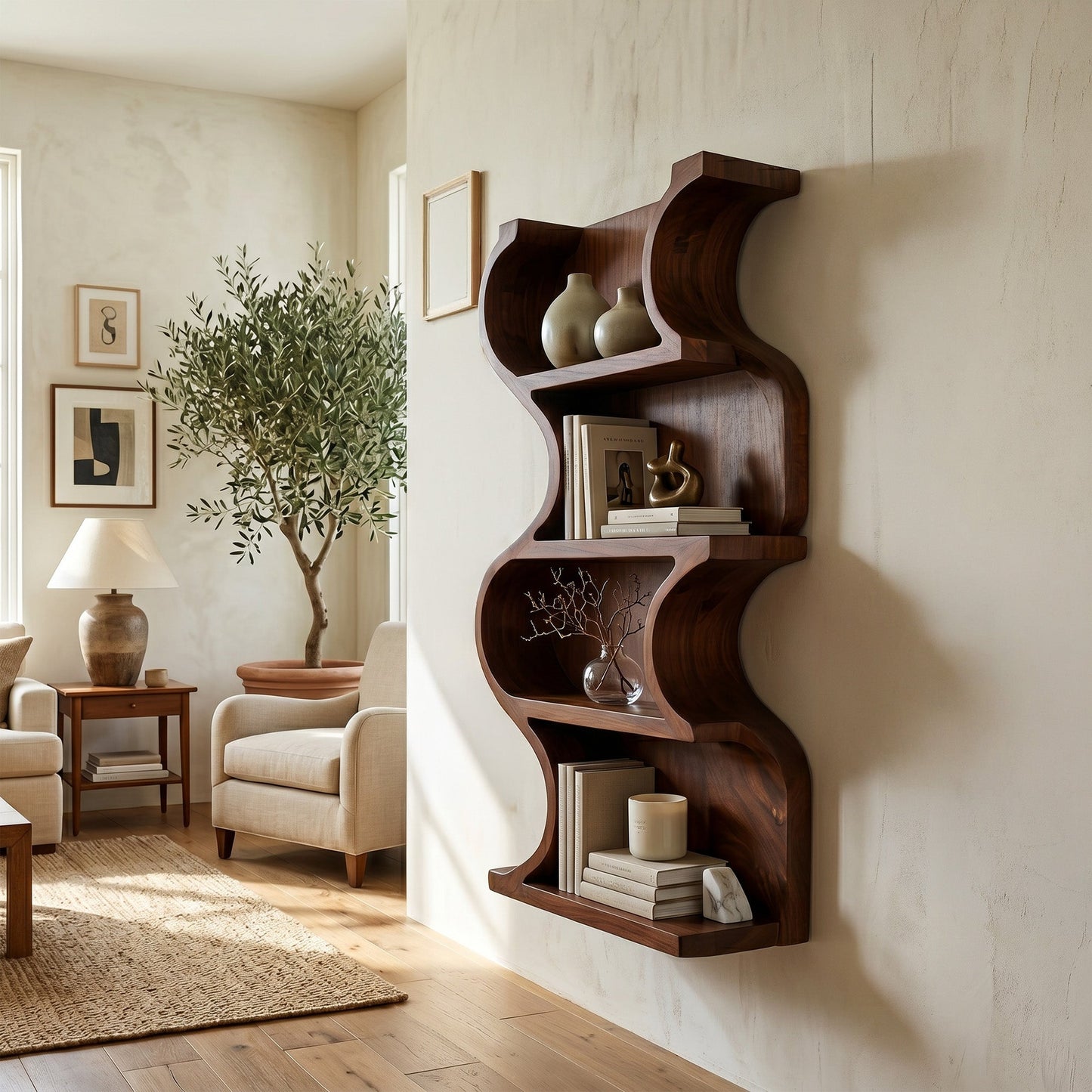 Vertical Wood Wall Shelf With Curved Open Display