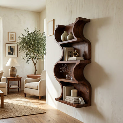 Vertical Wood Wall Shelf With Curved Open Display