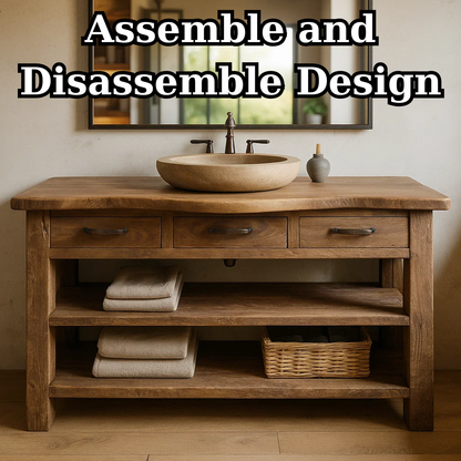 Handcrafted Solid Wood Bathroom Vanity with Curved Live-Edge Top and Triple Storage Drawers Kitchnce