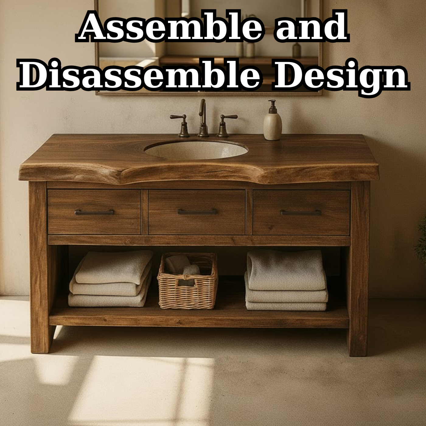 Handcrafted Solid Wood Bathroom Vanity with Live Edge Top, Triple Drawers & Open Storage Shelf Kitchnce