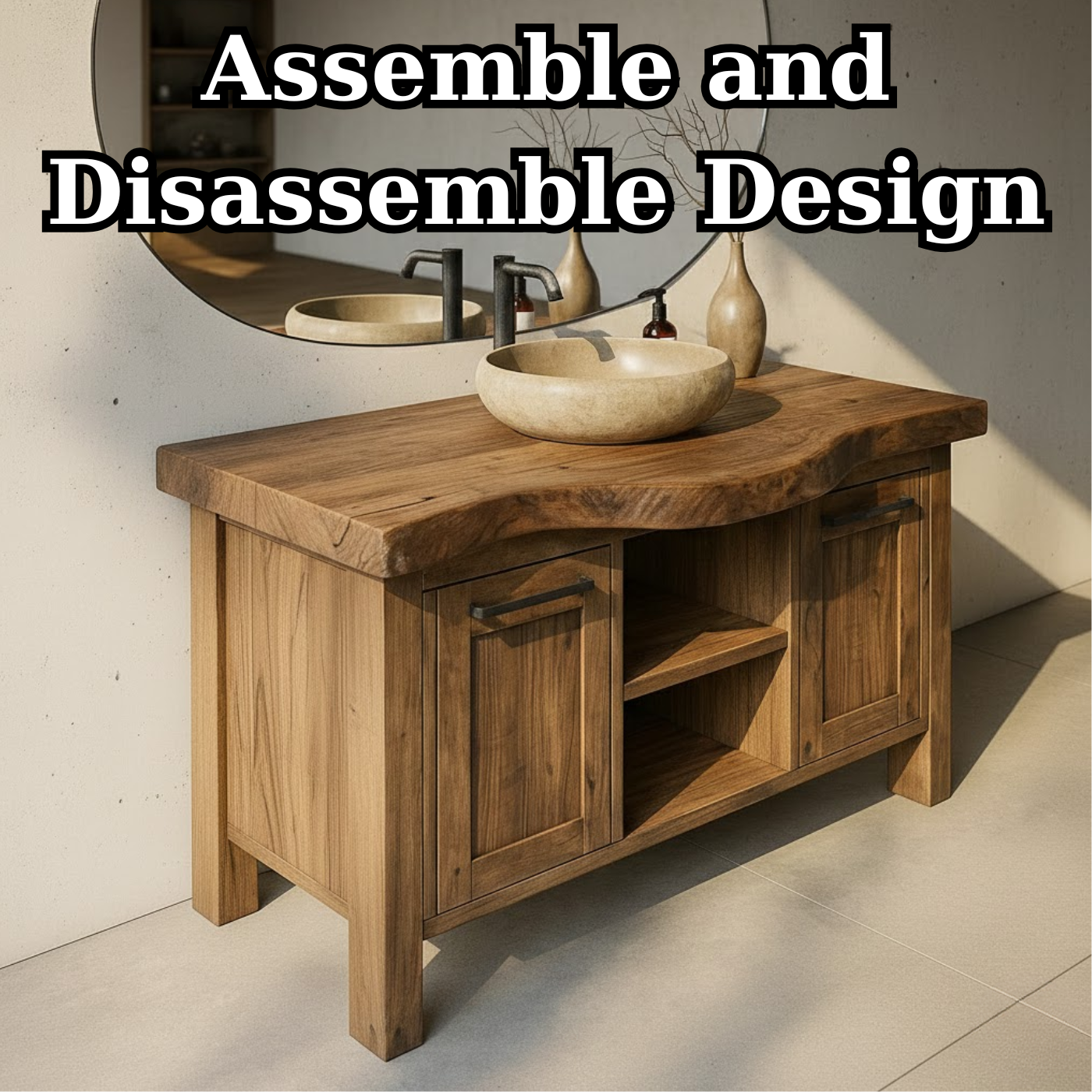 Handcrafted Solid Wood Bathroom Vanity with Live-Edge Top and Dual Side Cabinets Kitchnce