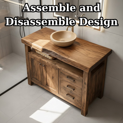 Rustic Solid Wood Bathroom Vanity with Double Door Cabinet and Three Drawers