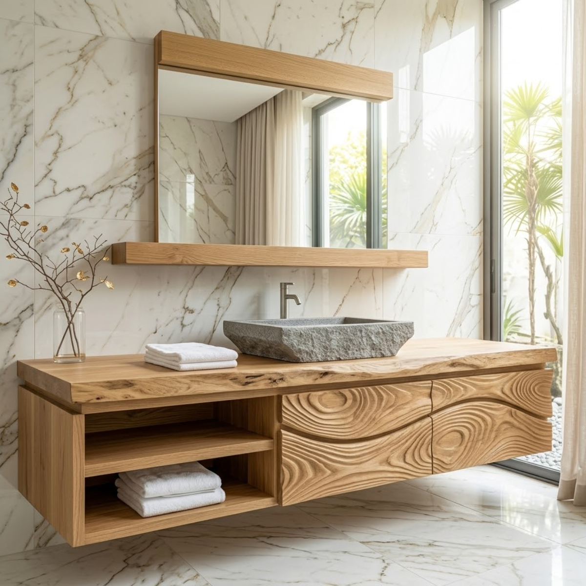 Modern Solid Wood Bathroom Vanity with Floating Storage and Sculpted Drawer Front