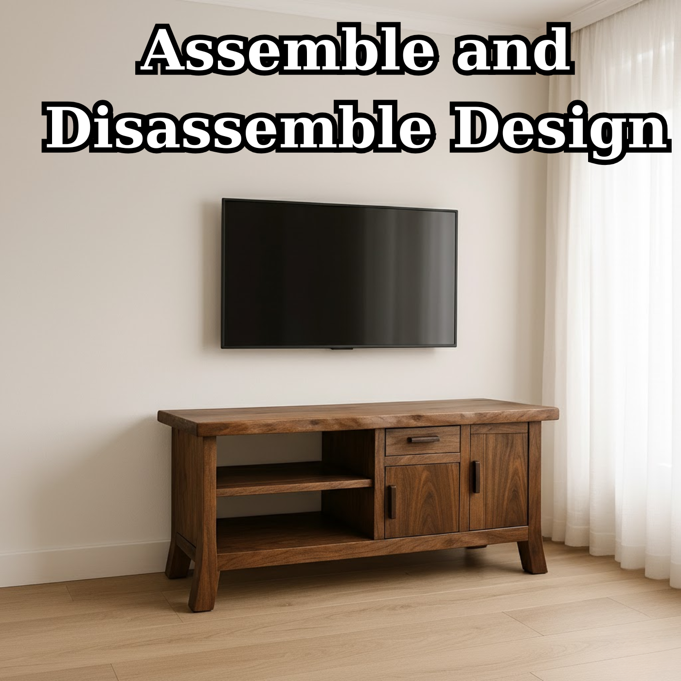 Handcrafted Solid Wood TV Stand - Live Edge Console, Drawer, Cabinet & Open Shelves Kitchnce