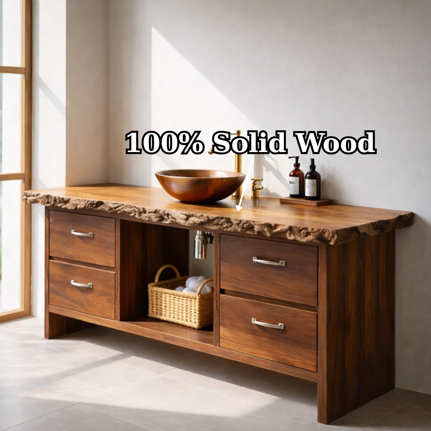 Rustic Solid Wood Bathroom Vanity with Live Edge Countertop Kitchnce