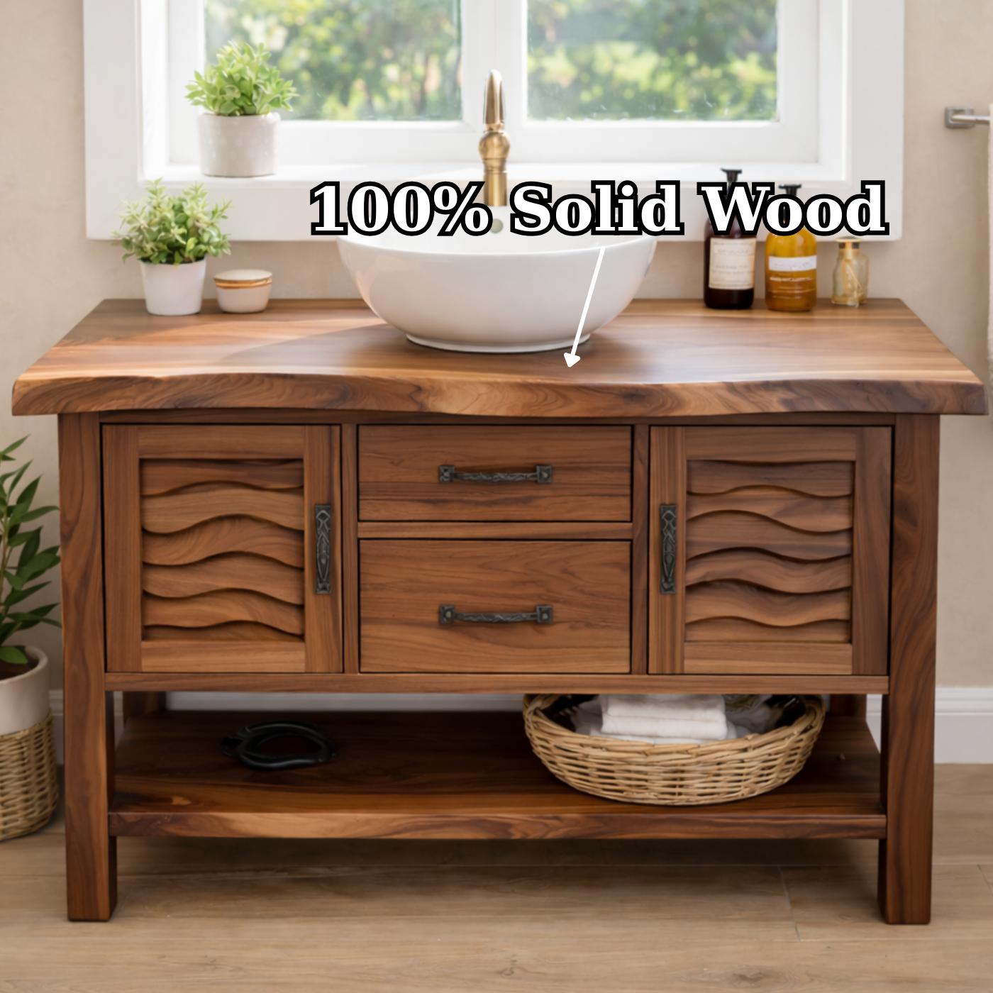Solid Wood Bathroom Vanity with Sculpted Wave Doors and Open Shelf Kitchnce
