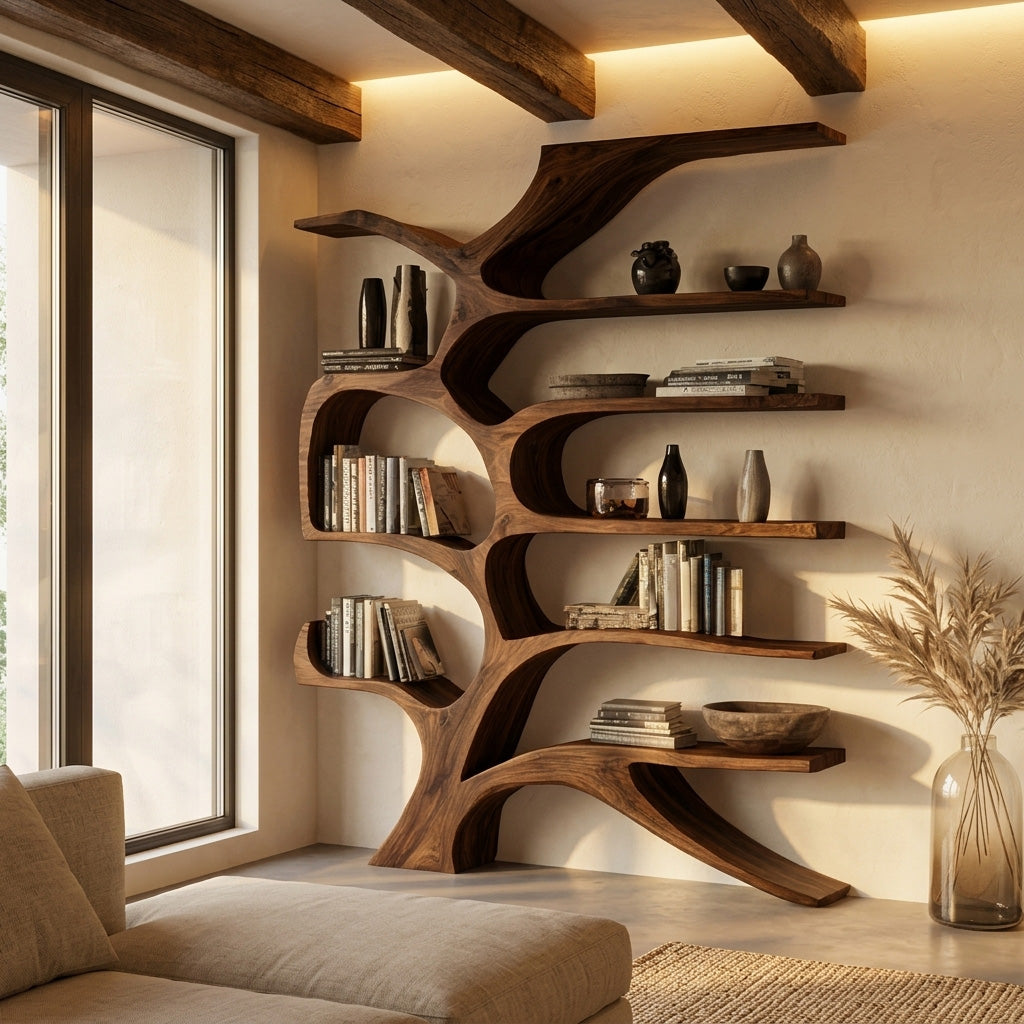 Contemporary Sculpted Wooden Bookshelf For Living Room Decor Kitchnce
