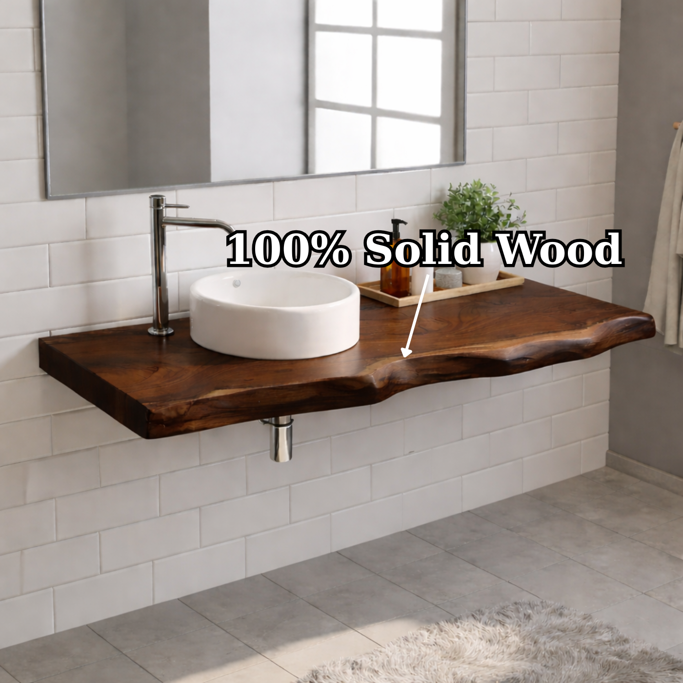 Floating Live Edge Solid Wood Bathroom Vanity Top – Rustic Wall Mounted Wood Countertop Kitchnce