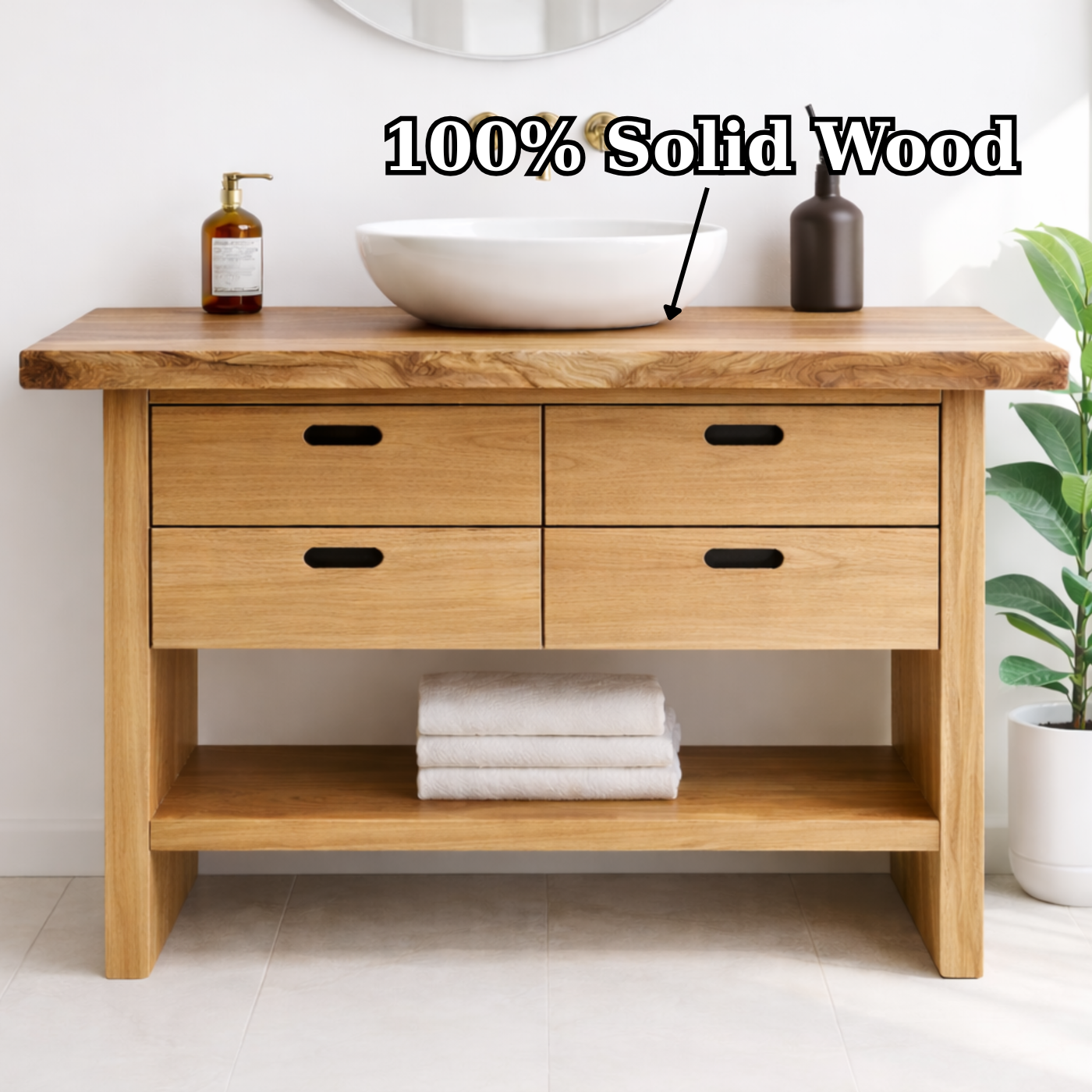 Solid Wood Bathroom Vanity Cabinet with Live Edge Top, 4 Drawers and Open Storage Shelf Kitchnce