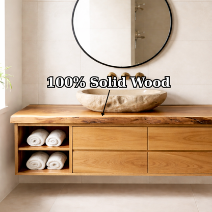 Floating Solid Wood Bathroom Vanity with Live Edge Countertop, Drawers and Open Storage Kitchnce