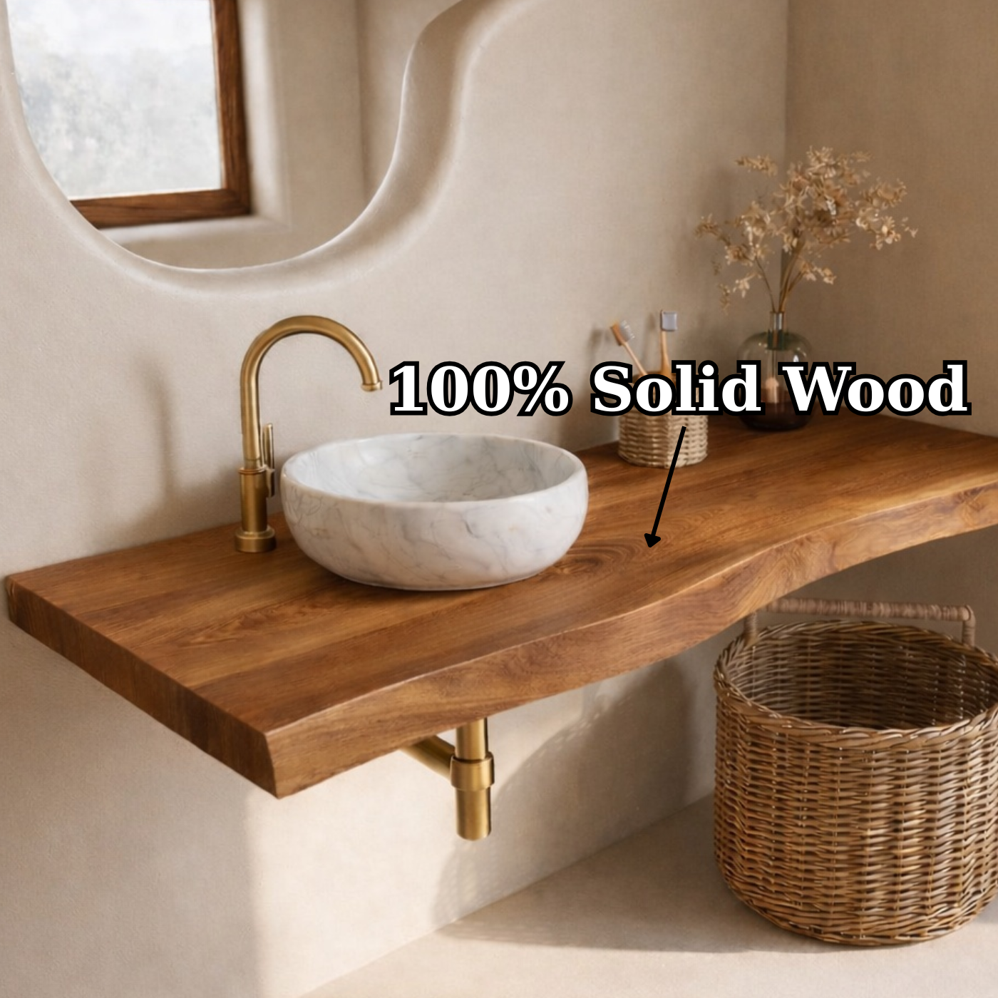 Floating Live Edge Solid Wood Bathroom Vanity Top – Rustic Wall Mounted Wood Countertop Shelf Kitchnce