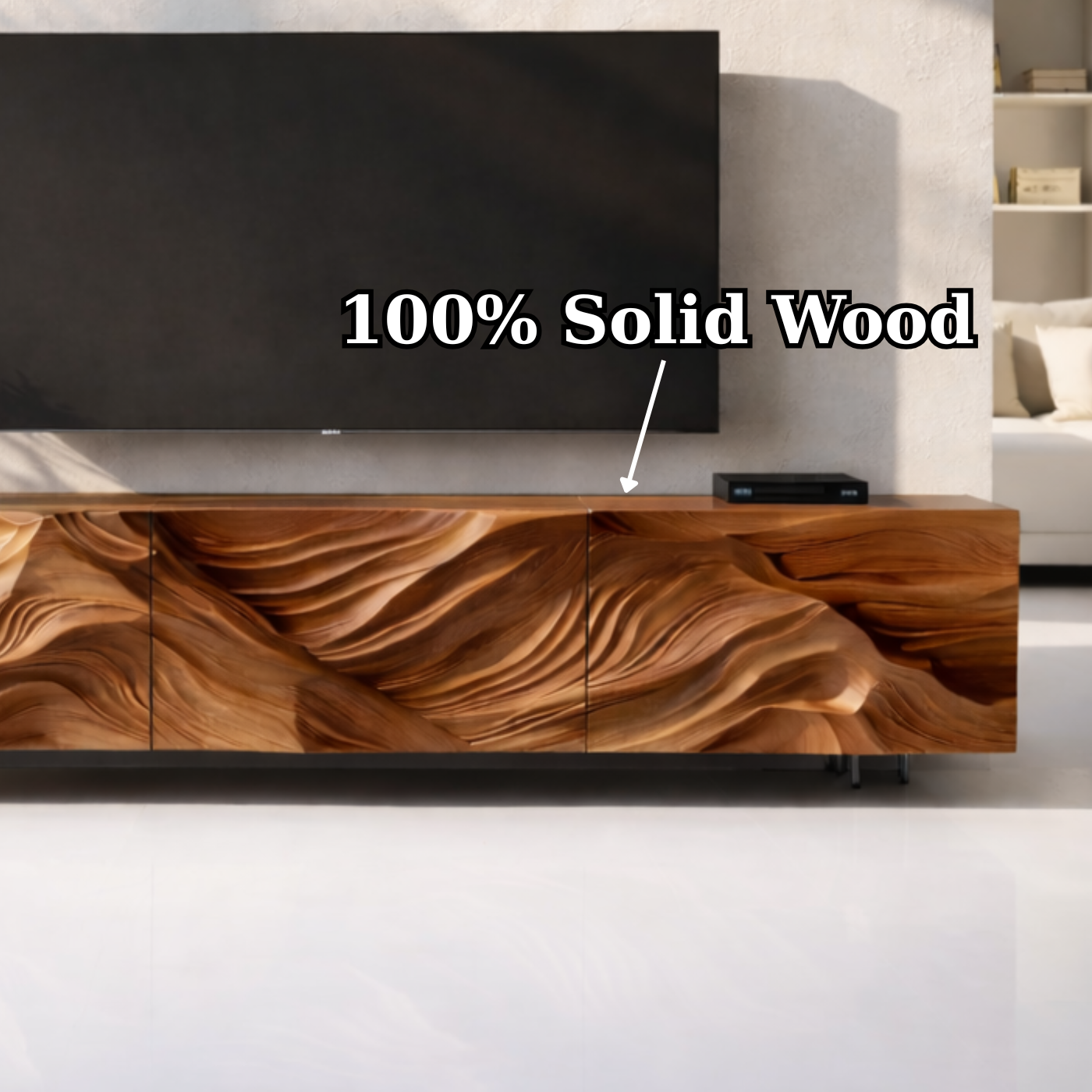Modern Solid Wood TV Stand with Artistic Carved Front – Walnut Media Console Cabinet Kitchnce