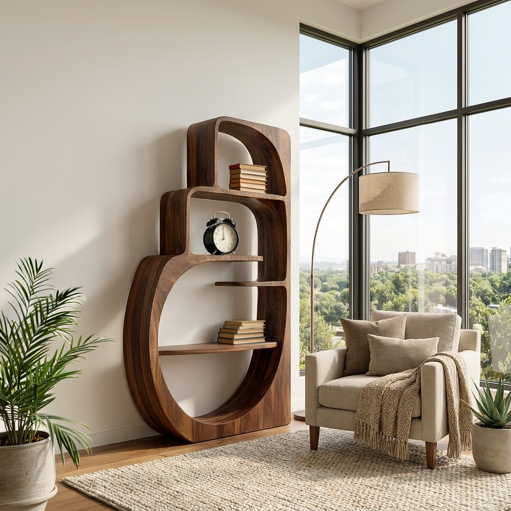 Organic Wood Bookshelf With Multiple Storage Levels For Living Room Kitchnce