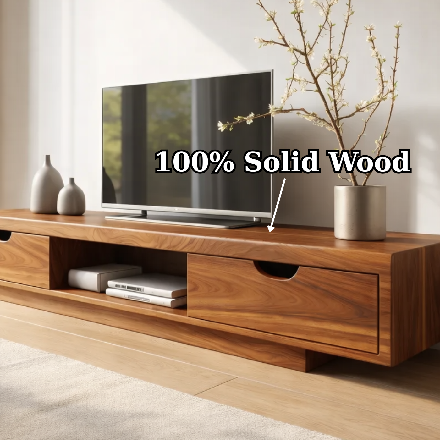 Walnut Wood TV Stand with Drawers – Modern Solid Wood Media Console Cabinet Kitchnce