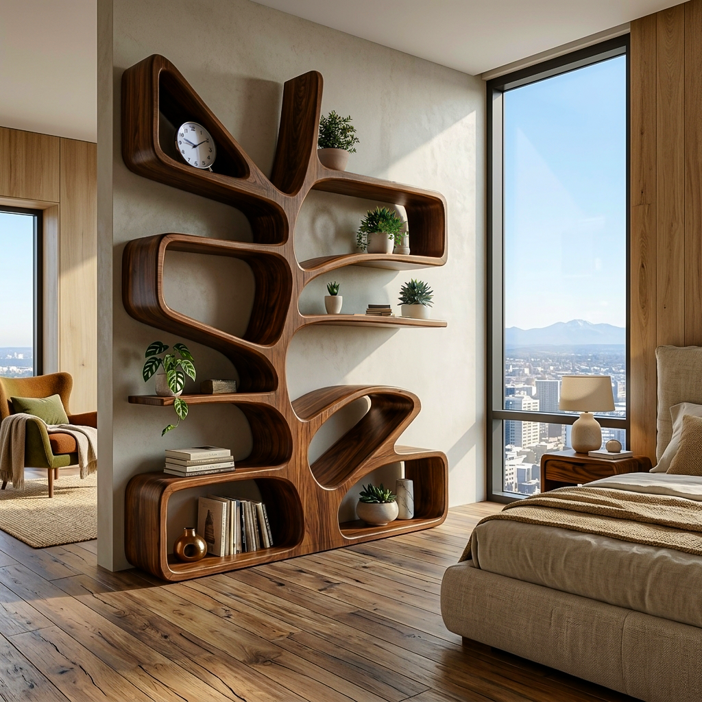 Organic Wooden Bookcase With Sculptural Form For Living Space Kitchnce