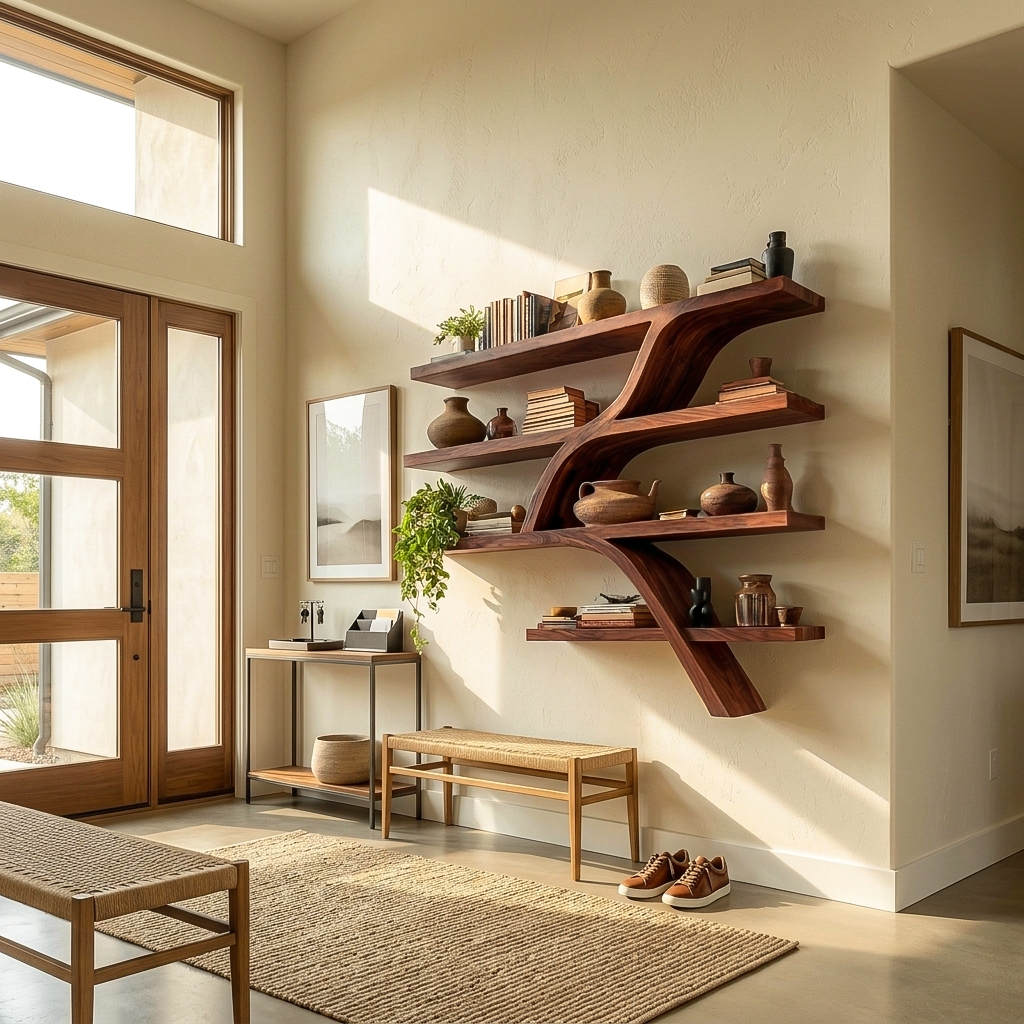 Handcrafted Wooden Wall Bookshelf With Organic Shape For Home Kitchnce