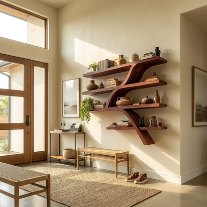 Handcrafted Wooden Wall Bookshelf With Organic Shape For Home Kitchnce