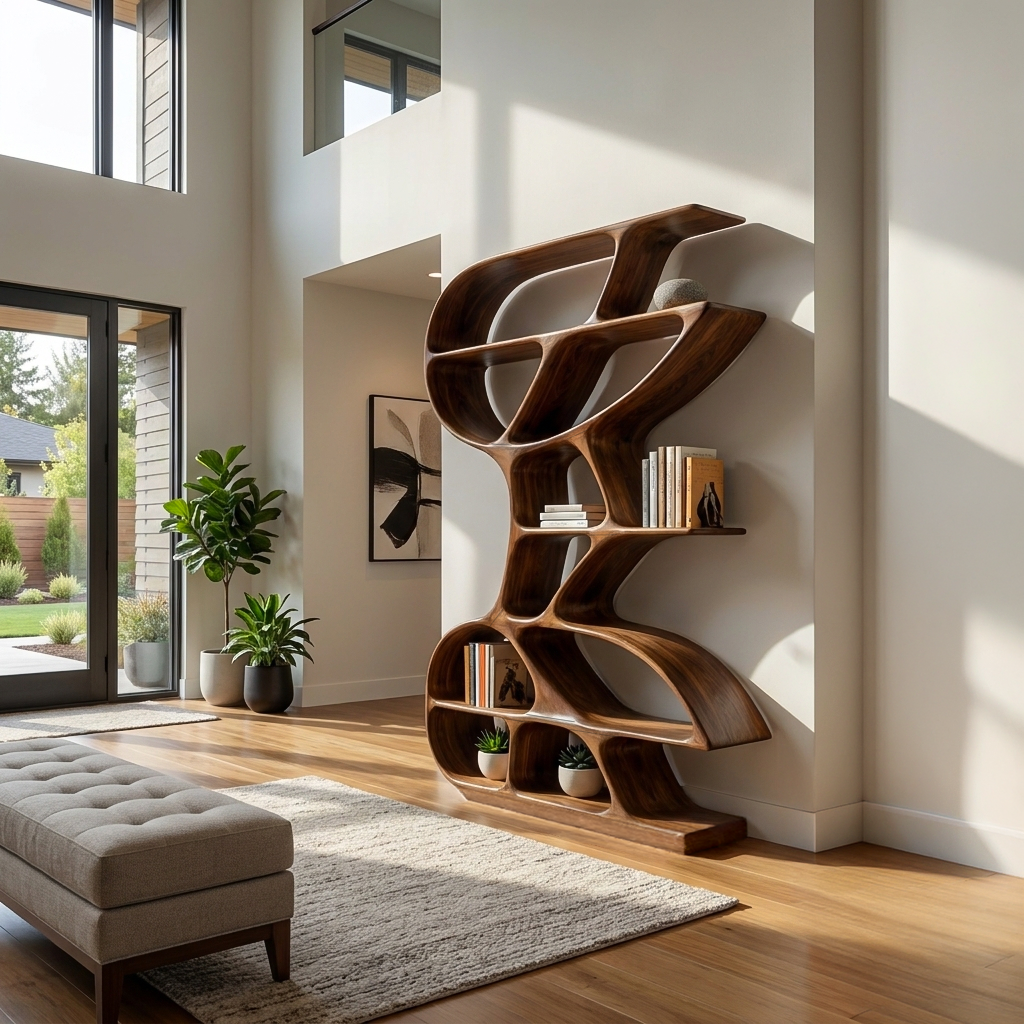 Wooden Bookshelf Unique Sculptural Design For Modern Living Room Kitchnce