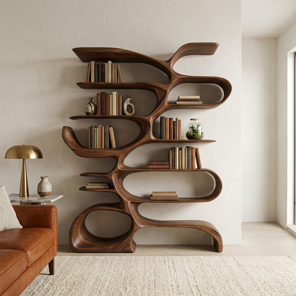 Sculptural Wooden Bookcase For Modern Living Room Storage Kitchnce