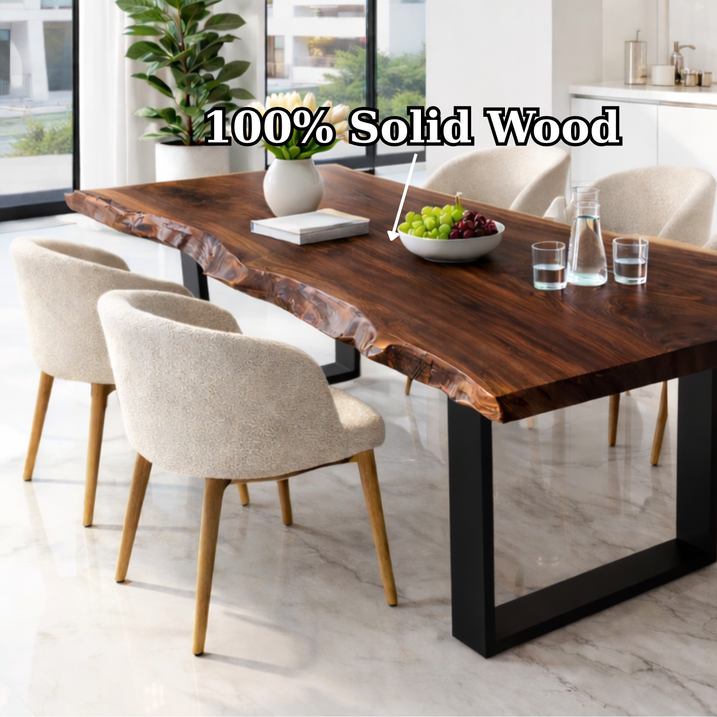 Live Edge Walnut Dining Table with Black Metal U-Shape Legs