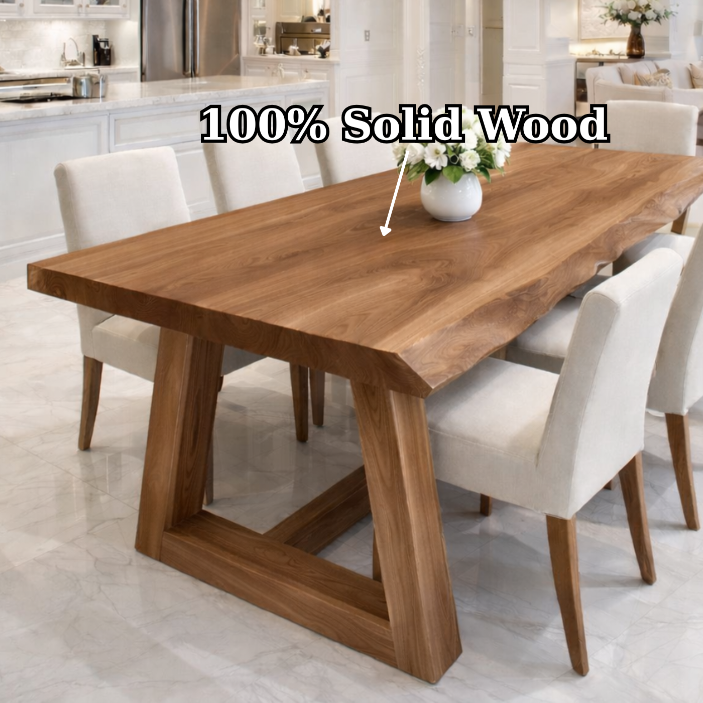 Handcrafted Solid Wood Live Edge Dining Table with Wooden Trestle Base Kitchnce
