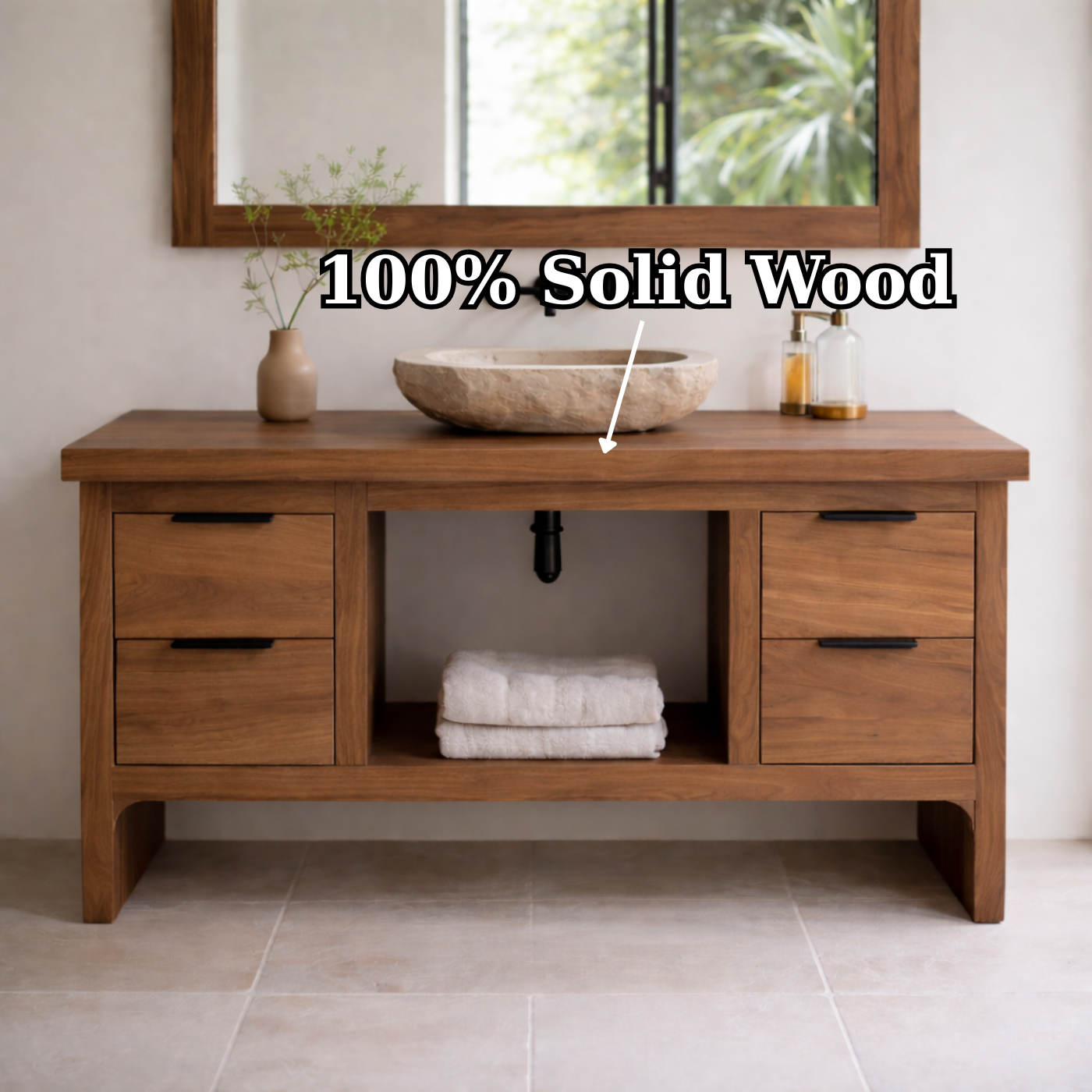 Rustic Soild Wood Bathroom Vanity with Drawers and Open Shelf for Contemporary Kitchnce