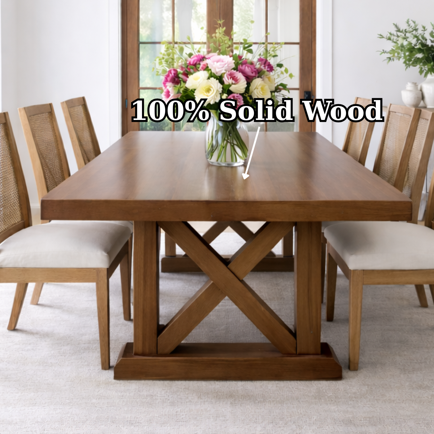 Solid Wood Dining Table with X-Base Farmhouse Style