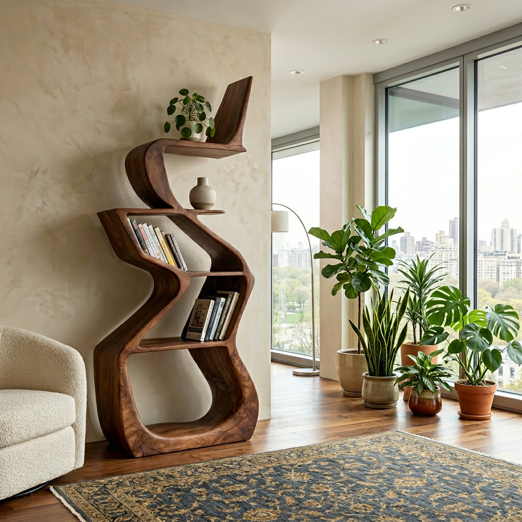 Sculptural Wooden Bookshelf For Living Room Corner Kitchnce
