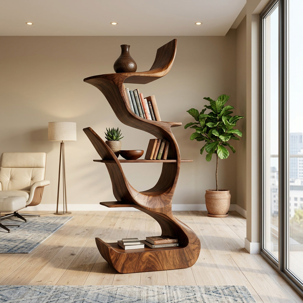Contemporary Organic Wooden Bookshelf For Living Room Corner Kitchnce