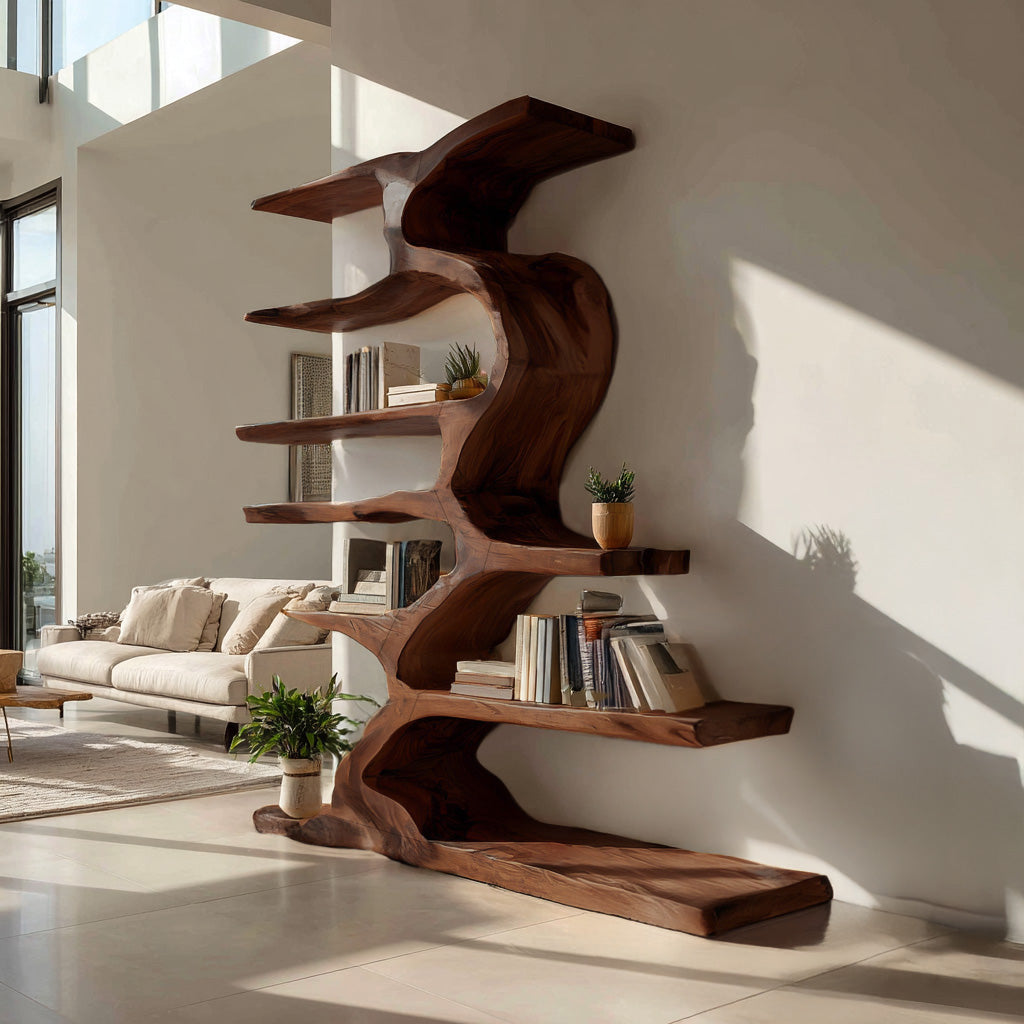 Organic Sculptural Wooden Bookshelf With Tiers For Living Room Kitchnce