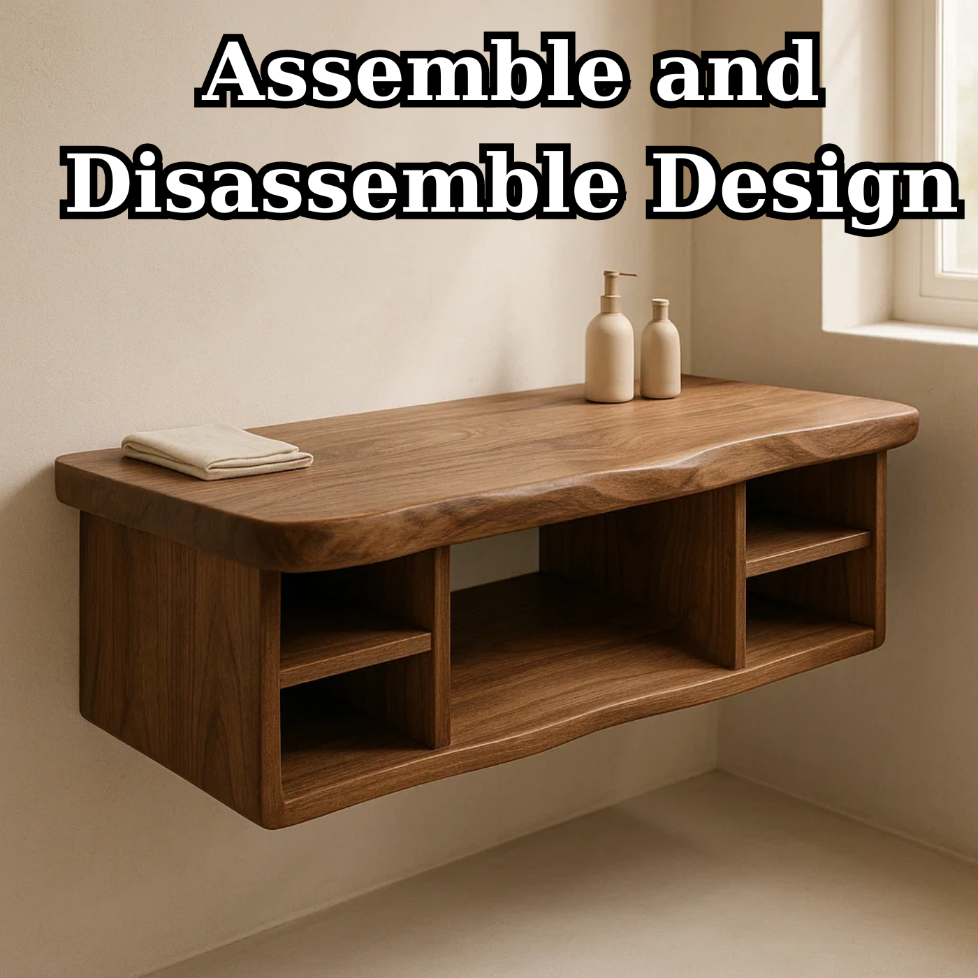 Handcrafted Solid Wood Floating Vanity - All Open Live Edge Console with Display Shelves Kitchnce