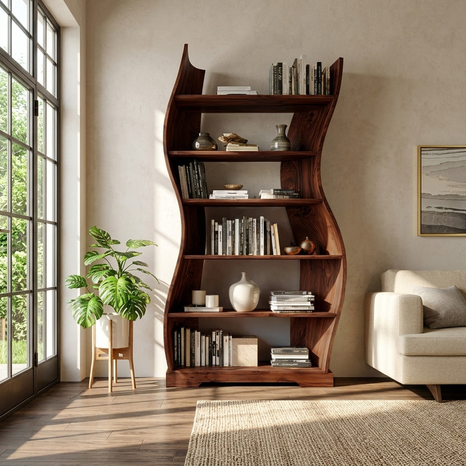 Contemporary Flowing Wooden Bookshelf For Living Room Kitchnce