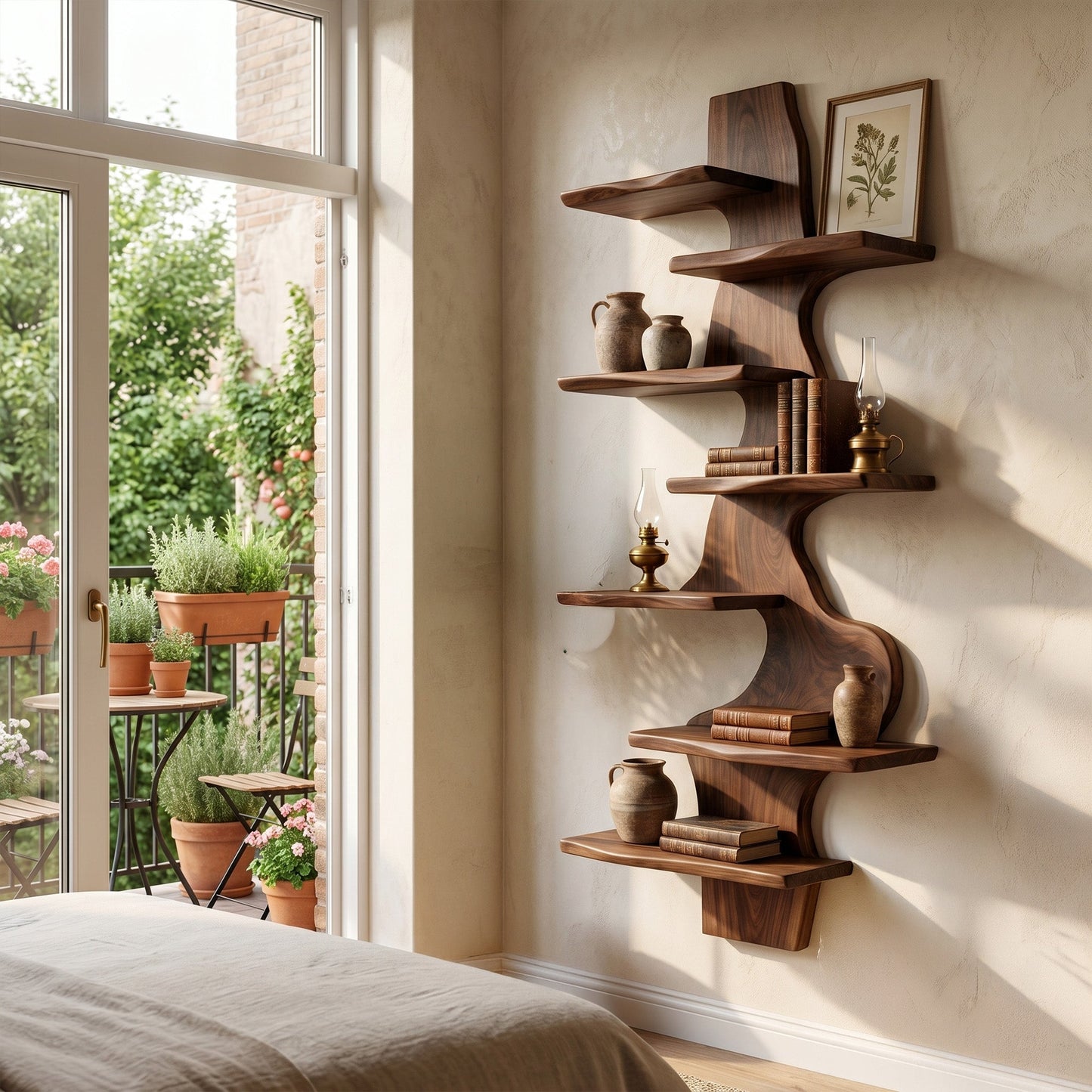 Vertical Wood Corner Wall Shelf With Sculptural Display