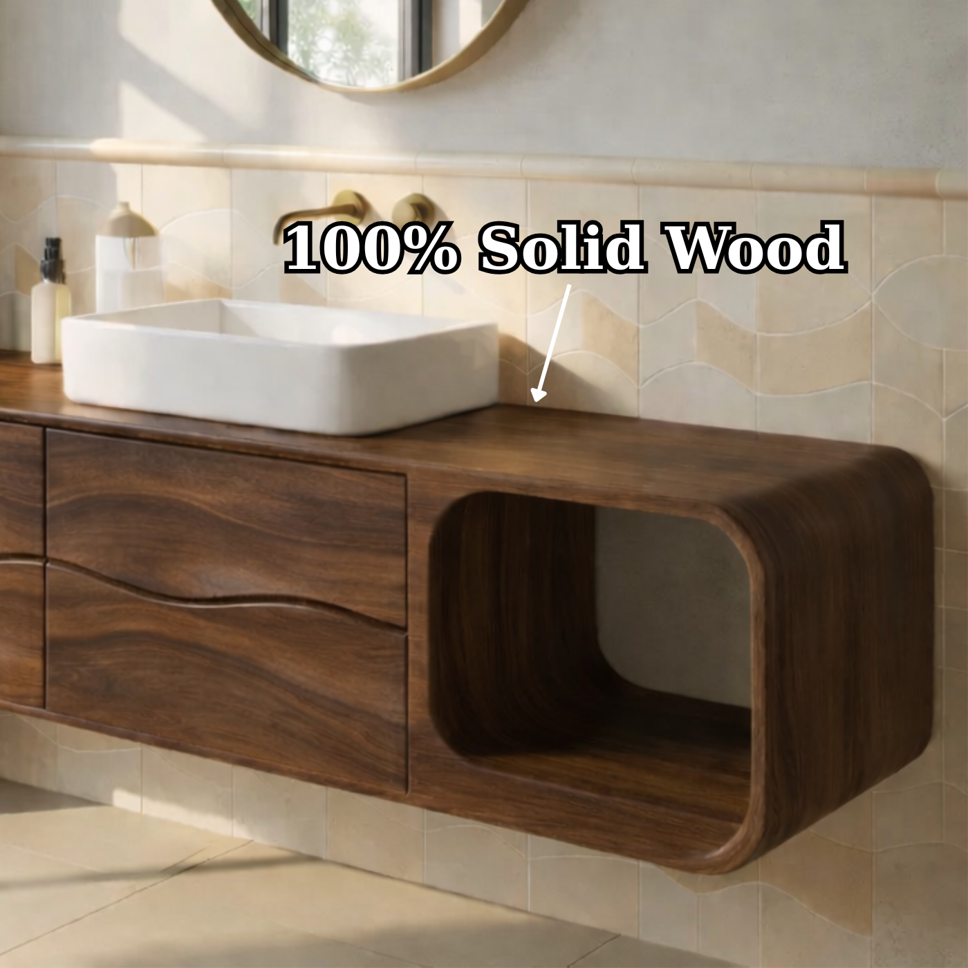 Floating Solid Wood Bathroom Vanity with Drawers and Open Shelf Kitchnce