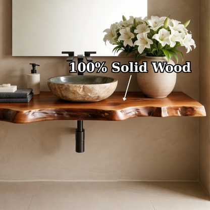 Floating Live Edge Solid Wood Bathroom Vanity Shelf – Natural Wood Slab Wall Mounted Countertop Kitchnce