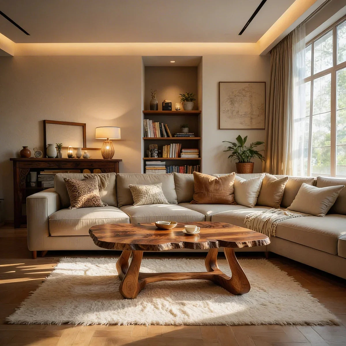 Live Edge Natural Wood Coffee Table with Curved Sculptural Frame